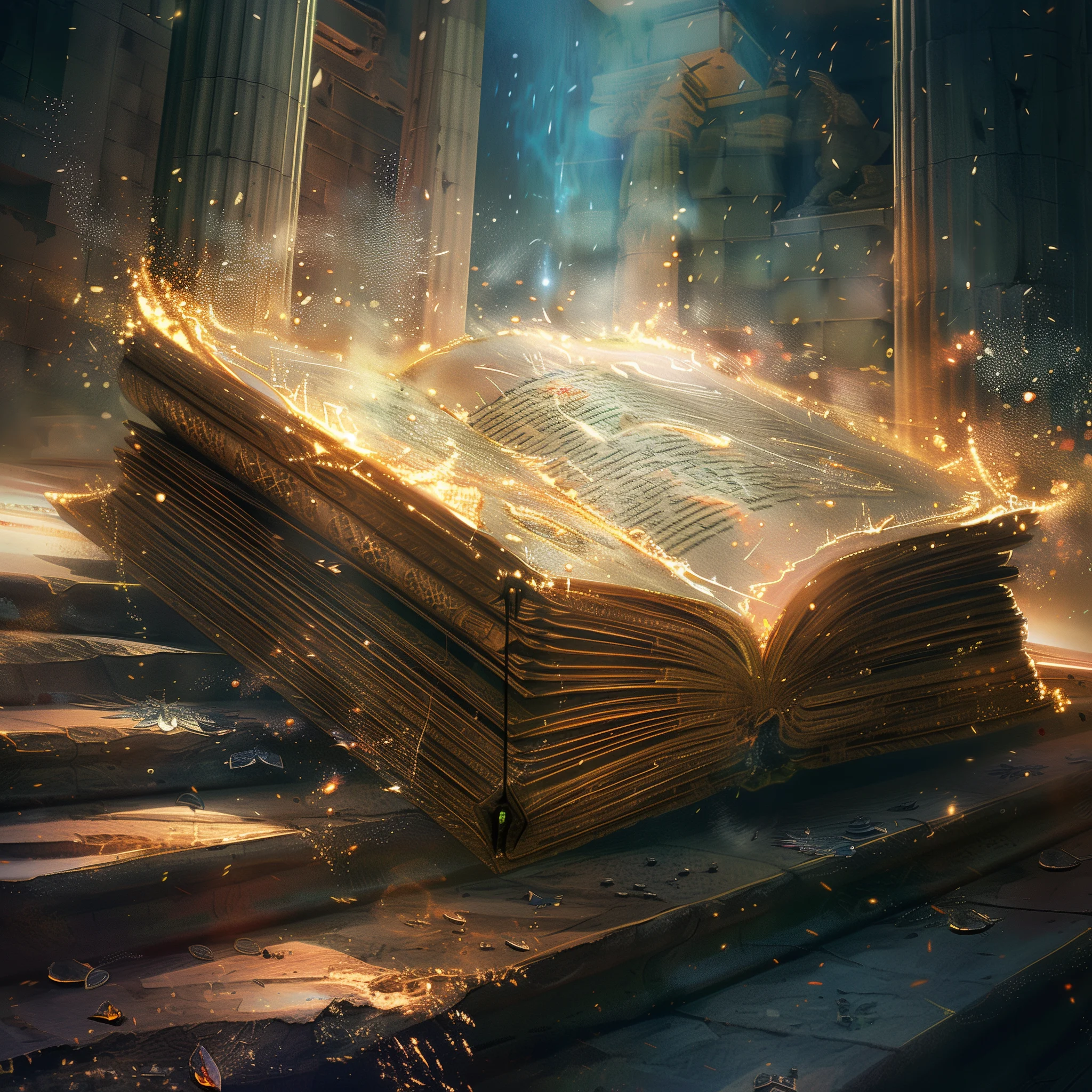 Livret Magique ouvert, posé sur un escalier avec des effets de flammes sur les bordures.
