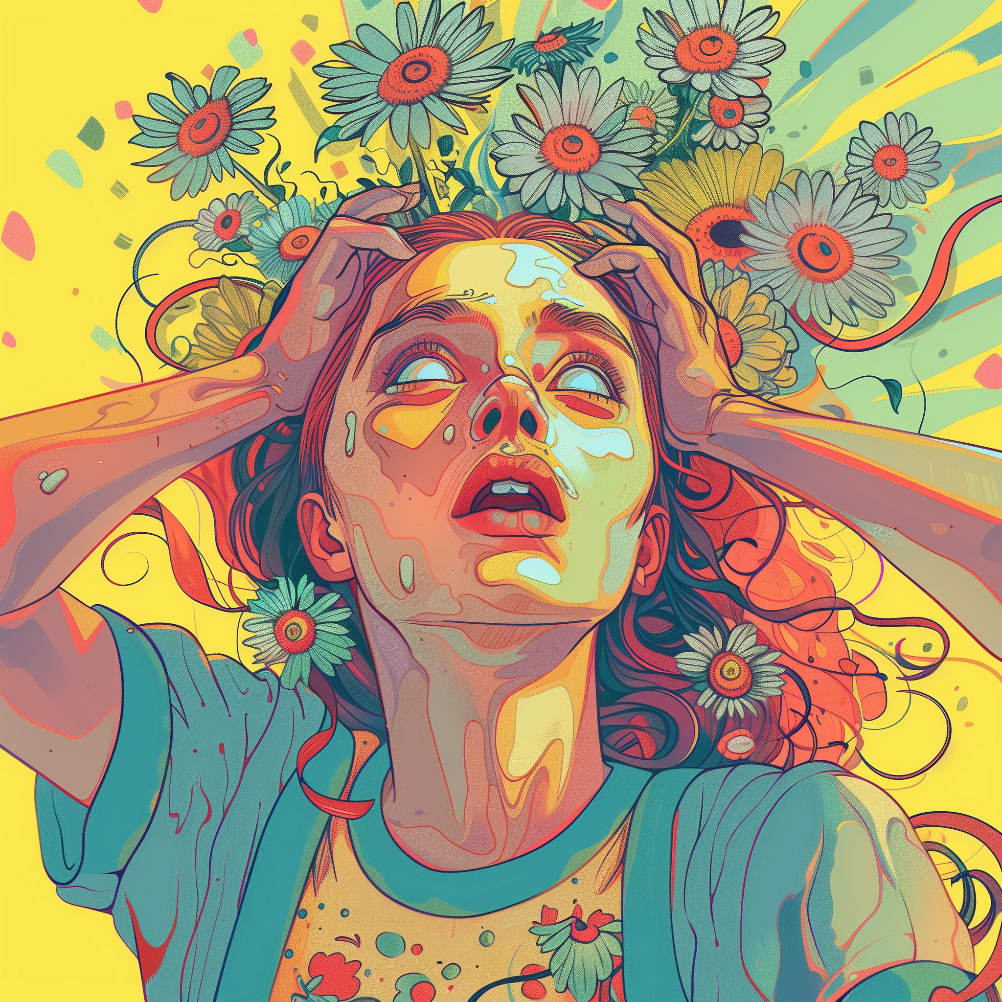 Jeune femme au Regard Psychédélique dans un fond jaune et fleuri