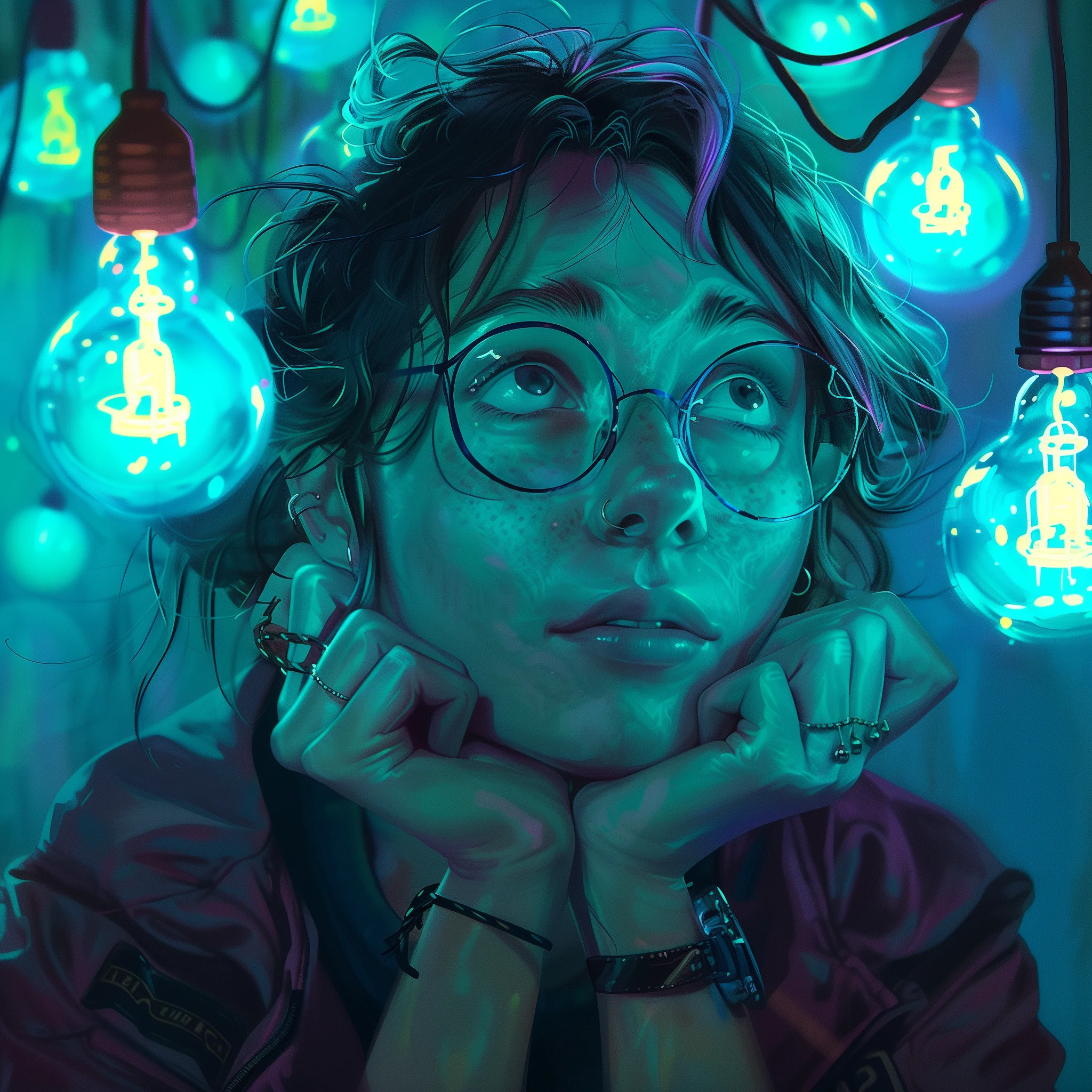 Jeune Femme Pensive entourée d'ampoules à lumières bleu