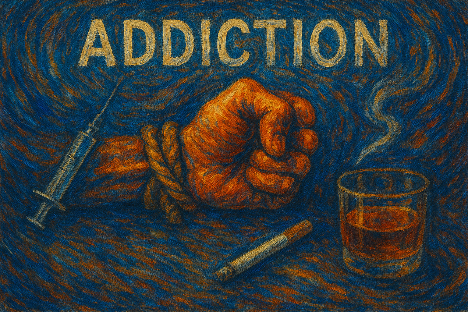 Dessin réalisé par une IA d'une poing ligoté entouré d'objets addictifs.