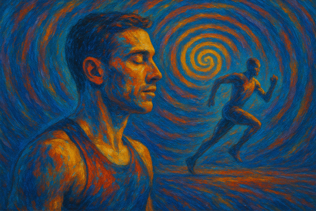 dessin IA d'un portrait de sportif accompagné de sa posture de course en fond